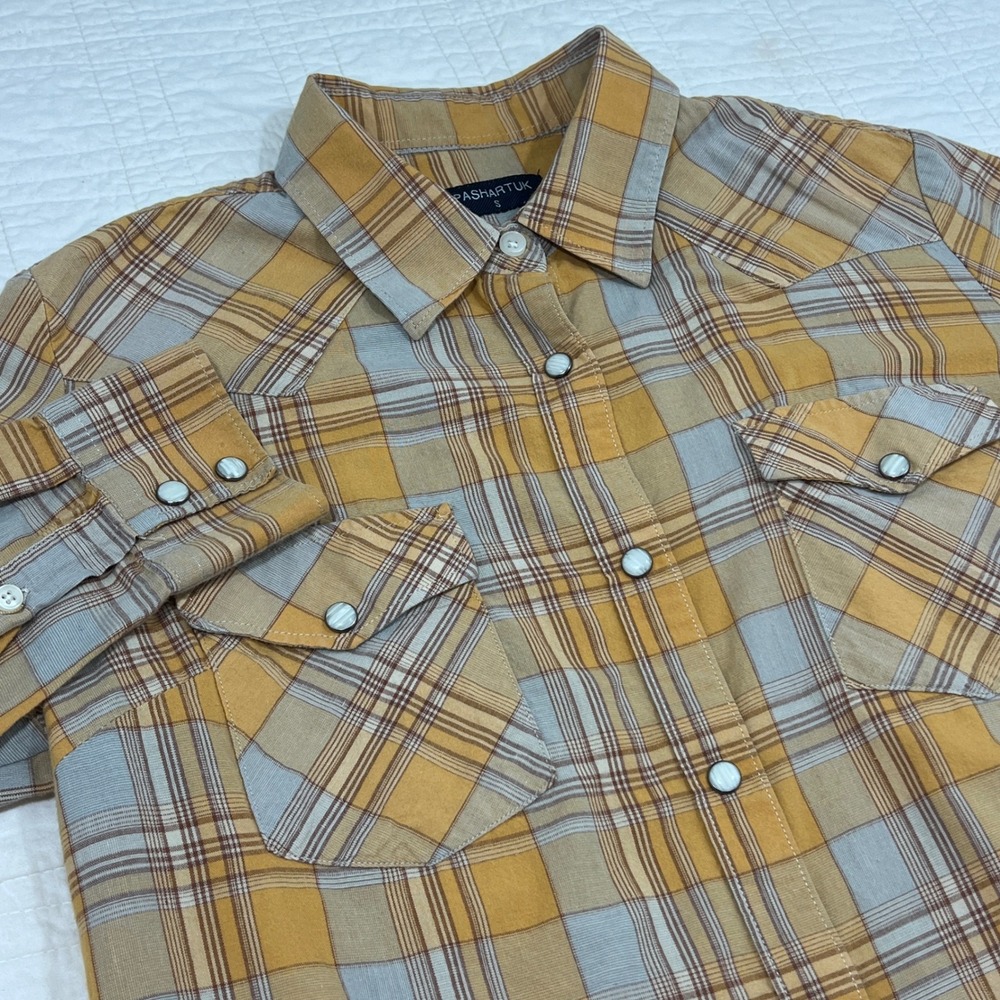 Pashartuk Womens Plaid Western Snap Button Down Shirt Mustard Yellow Grey Size S